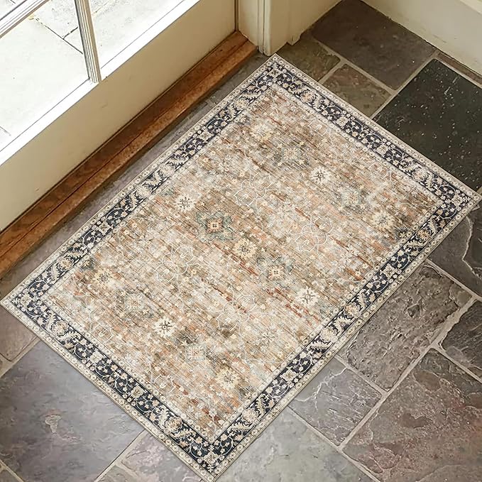 ReaLife Rugs Machine Washable Area Rug - Living Room Bedroom Bathroom Kitchen Entryway Office - Padded Crease Free Stain Resistant Premium - Boho Farmhouse Vintage- BEV- Beige Tan Brown - 2'x 3'