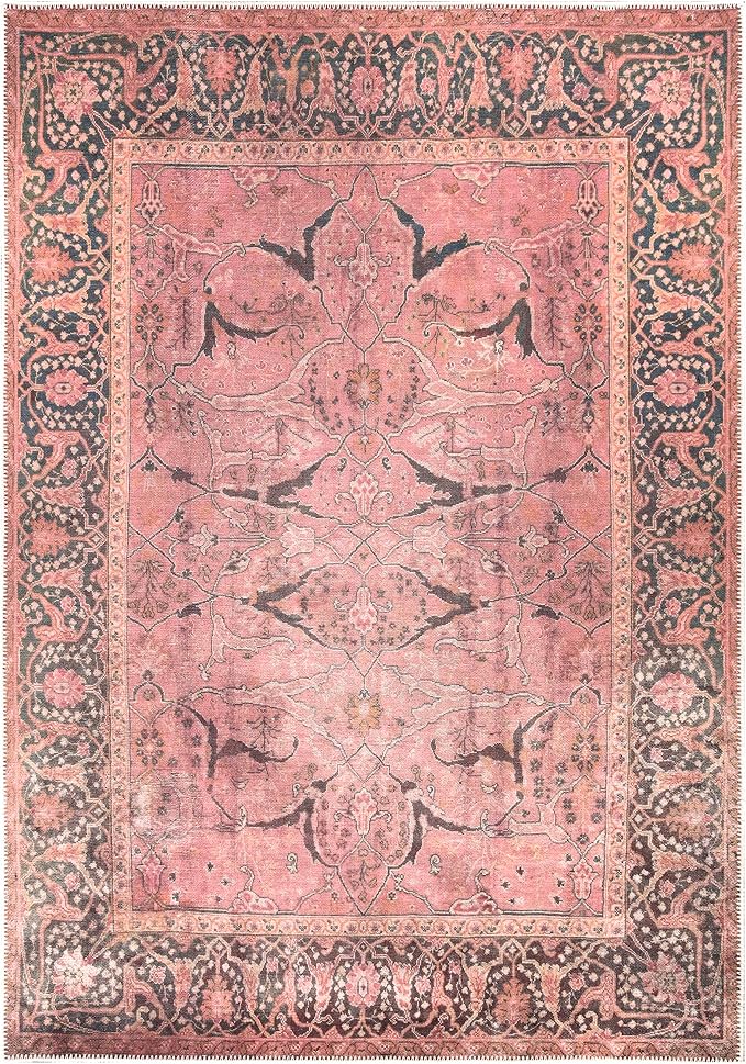 Bloom Rugs Washable Non-Slip 9' x 12' Rug - Soft Pink Traditional Bordered Area Rug for Living Room, Bedroom, Dining Room, and Kitchen - Exact Size: 9' x 12'