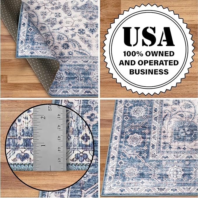 ReaLife Rugs Machine Washable Area Rug Runner - Living Room Bedroom Bathroom Kitchen Entryway Office - Padded Low Pile Stain Resistant Premium - Boho Farmhouse Vintage - Joy - Blue Ivory 2'6" x 8'