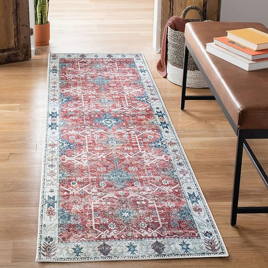 Bloom Rugs Washable Non-Slip 7 ft Runner - Red/Blue Traditional Runner for Entryway, Hallway, Bathroom, and Kitchen - Exact Size: 2.5' x 7'