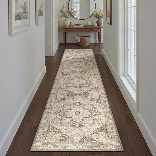 Brown Hallway Runner Rug 2x12 Vintage Washable Distressed Area Carpet Kitchen Indoor Non Slip Long Traditional Medallion Retro Accent Throw Rug for Bedroom Laundry Office Dining Living Room