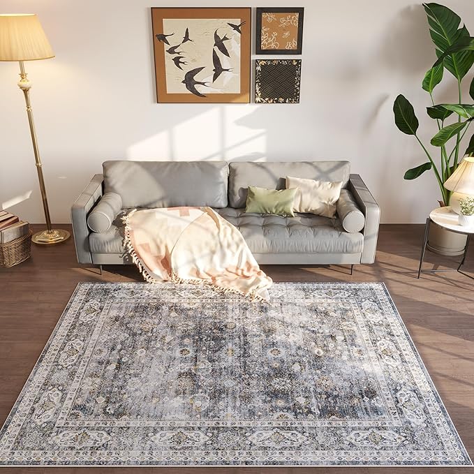 Bedroom Rug 3x5 Rug Washable Area Rug Non Slip Low Pile Small Carpet for Bedroom, Bedside, Kitchen, Entryway, Kids Room, Office, College Dorm Essentials for Girls(Grey and Brown)