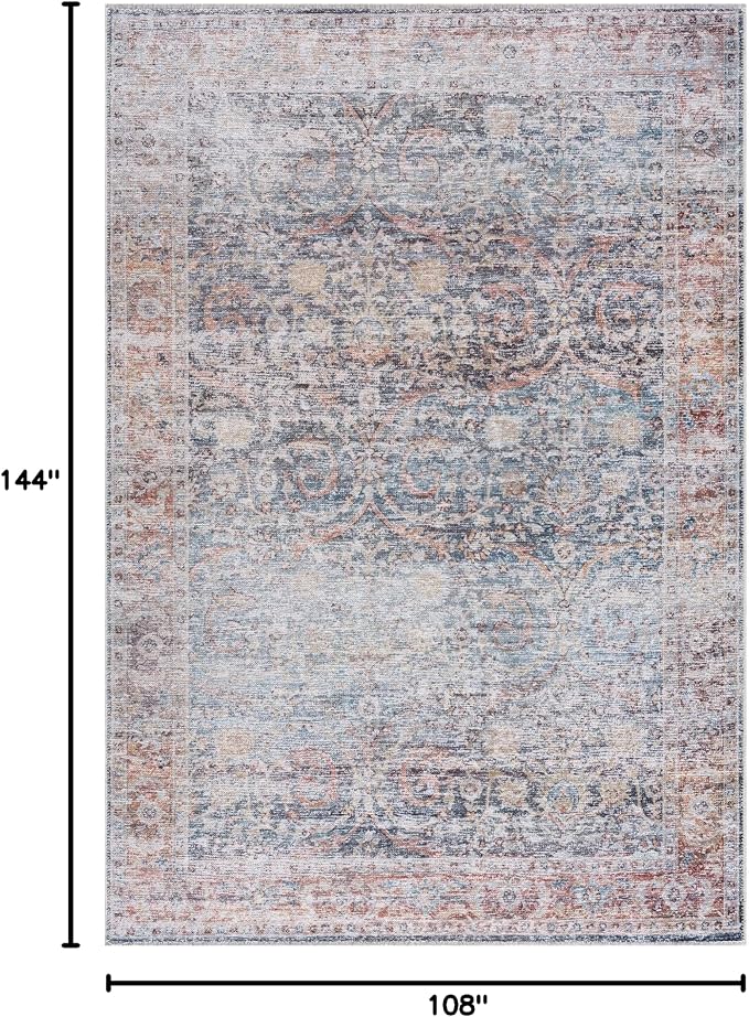 Bloom Rugs Caria Washable Non-Slip 9x12 Rug - Ocean Blue/Brick Traditional Area Rug for Living Room, Bedroom, Dining Room, and Kitchen - Exact Size: 9' x 12'