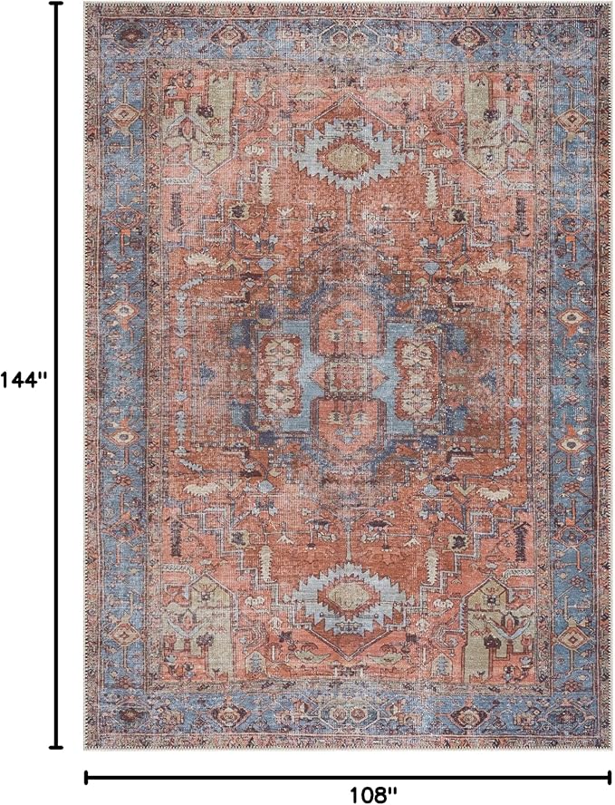 Bloom Rugs Washable 9' x 12' Rug - Terracotta/Blue Traditional Area Rug for Living Room, Bedroom, Dining Room, and Kitchen - Exact Size: 9' x 12'