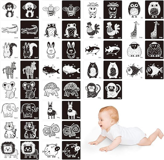 25 PCS Baby Visual Stimulus Cards, Double-Sided High Contrast Black and White Flashcards Sensory Developmental Montessori Cards Set for Newborn Boy Girl Baby 0-3 Months Tummy Time (5.5” X 5.5”)