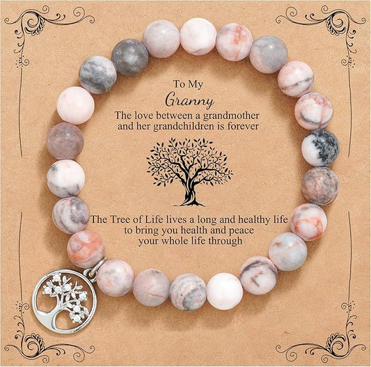 QWNHONEY Mothers Day Gift for Grandma Mom Mother in Law Sister in Law Bonus mom Granny Nana Valentine's Day Birthday Anniversary Pink Red Natural Stone Tree of Life Bracelet