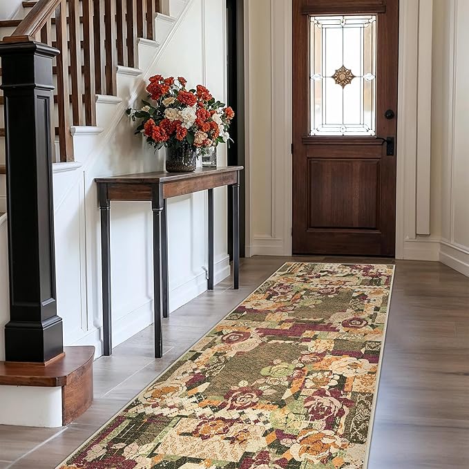 GENIMO Floral Runner Rug 2'6''x8, Machine Washable Non Slip Vintage Patchwork Hallway Runner, Ultra-Thin Low Pile Runners for Indoor Entryway, Hallway, Kitchen and Corridor, Auburn Cinnamon