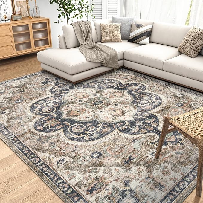 ReaLife Rugs Machine Washable Area Rug - Living Room Bedroom Bathroom Kitchen Entryway Office - Padded Low Pile Stain Resistant Premium - Boho Farmhouse Vintage - Joy - Brown Beige 7'6" x 9'6"