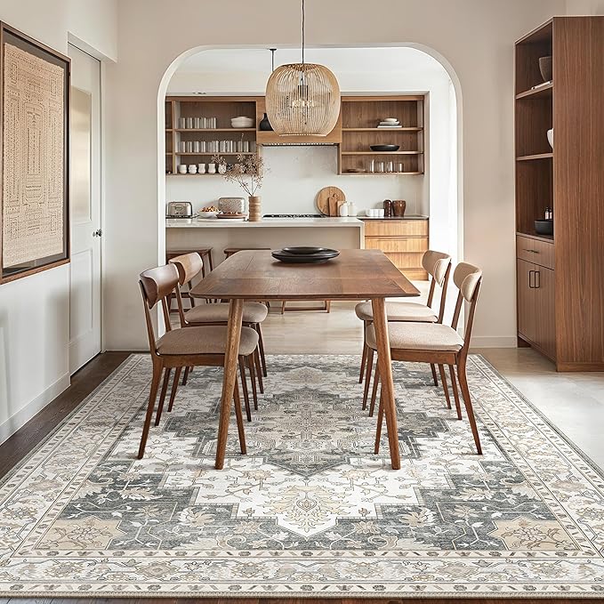 GENIMO 5x7 Area Rugs for Living Room, Machine Washable Non Slip Vintage Rugs, Low Pile Lightweight Chenille Print Rug for Bedroom, Dining Room, Home Office, Heathered Grey