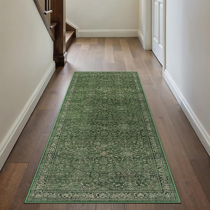 Vintage Runner Rug 2x6 Washable Hallway Carpet Non Slip Green Bedroom Low Pile Kitchen Distressed Retro Accent Throw Rug for Bathroom Dining Laundry Living Room