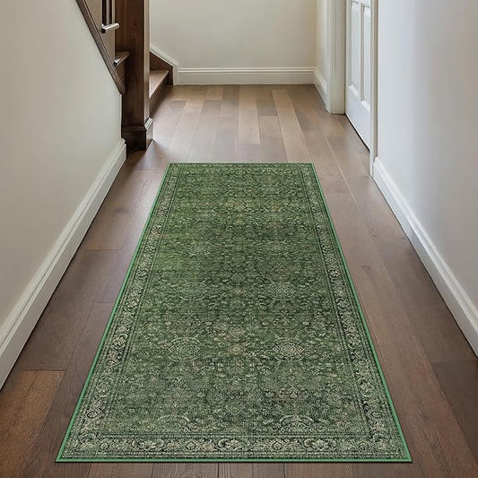 Vintage Runner Rug 2x6 Washable Hallway Carpet Non Slip Green Bedroom Low Pile Kitchen Distressed Retro Accent Throw Rug for Bathroom Dining Laundry Living Room