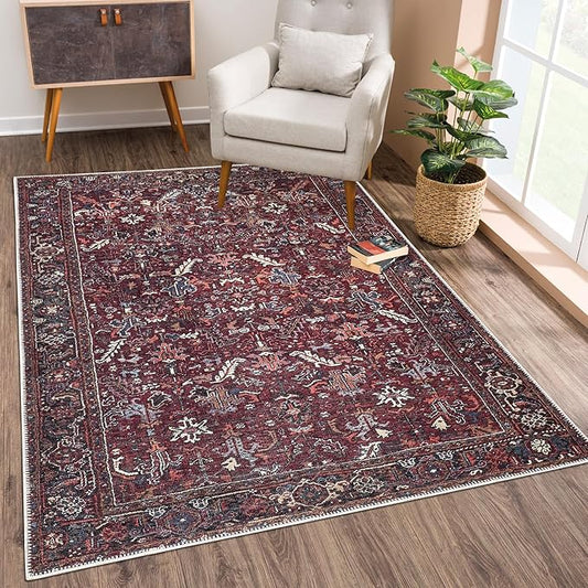 Bloom Rugs Washable Non-Slip 4' x 6' Rug - Burgundy Traditional Bordered Area Rug for Living Room, Bedroom, Dining Room, and Kitchen - Exact Size: 4' x 6'