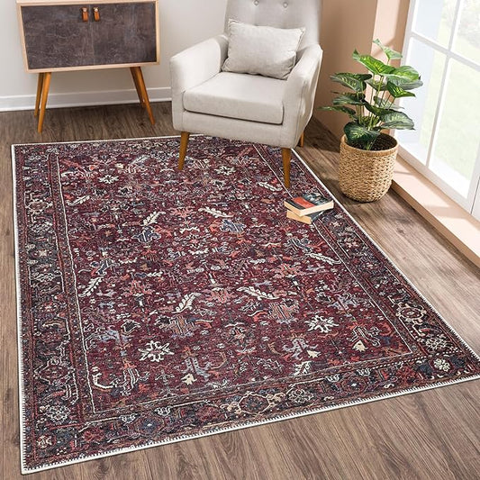 Bloom Rugs Washable Non-Slip 3' x 5' Rug - Burgundy Traditional Bordered Area Rug for Living Room, Bedroom, Dining Room, and Kitchen - Exact Size: 3' x 5'