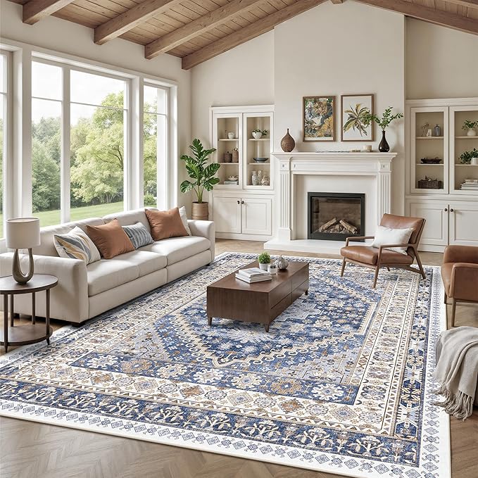 zesthome 10x14 Area Rugs,Stain Resistant Washable Rug,Ultra-Thin Rugs for Living Room,Bedroom,Non-Slip Backing Home Decor Large Area Rug (Blue/Beige,10'x14')