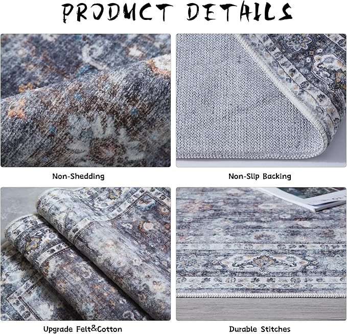 Area Rug 5x7 Washable Rug Boho Soft Non-Slip Non-Shedding Faux Wool Vintage for Living Room, Bedroom Rug, Farmhouse, Dining Room, Indoor, Kids Playroom (Grey)