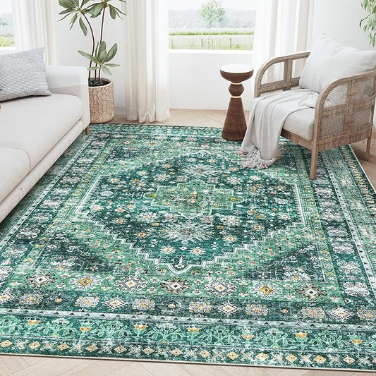 zesthome 5x7 Area Rugs - Ultra-Thin Washble Rug, Stain Resistant Anti Slip Backing Rugs for Living Room,Bedroom, Vintage Home Decor Area Rug(Green/Teal,5'x7')