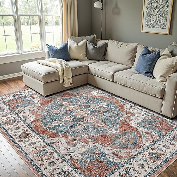 jinchan Area Rug 8x10 Washable Living Room Rug Indoor Large Vintage Floor Cover Distressed Rusty Red Multi Lightweight Non Slip Thin Carpet for Kitchen Bedroom Dining Room