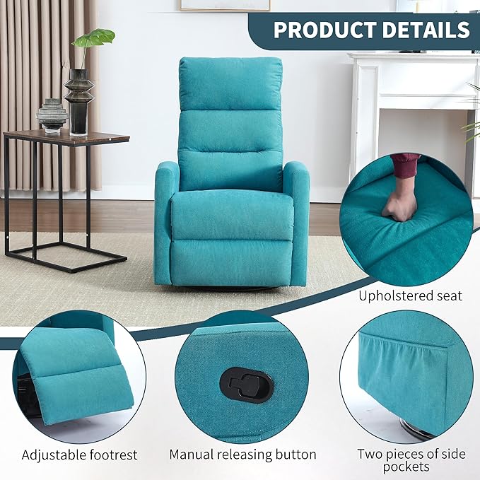 360° Swivel Rocking Chair for Nursery, Manual Glider Chair Nursing Chair with Side Pockets, Polyester Glider for Living Room, Heavy Duty Motion Mechanism, Blue