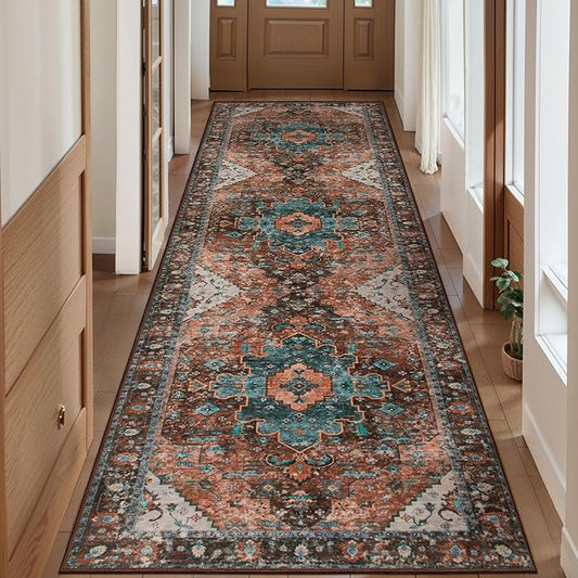 Ciicool Washable Vintage Runner Rug - 2'6" x 10' ft Hallway Carpet, Boho Low Pile Long Non Slip Soft Stair Runner Kitchen Carpet Indoor Oriental Throw for Living Room Bathroom Entry