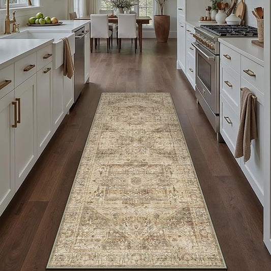 Brown Multi Hallway Runner Rug 2x7 Vintage Washable Distressed Area Carpet Kitchen Indoor Non Slip Long Traditional Medallion Retro Accent Throw Rug for Bedroom Laundry Dining Living Room