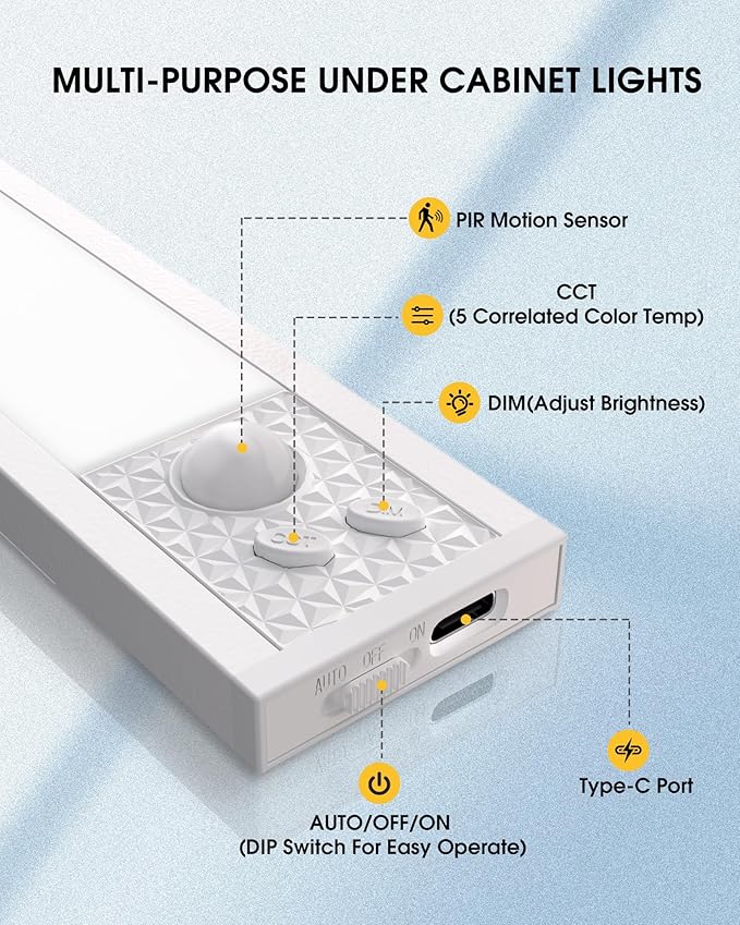 8 Inch Under Cabinet Lighting, 3Pack 5CCT Dimmable Closet Lights, Motion Sensor LED Lights of Battery Operated, Rechargeable Under Counter Light for Kitchen, Stairs, Bedroom, Wardrobe