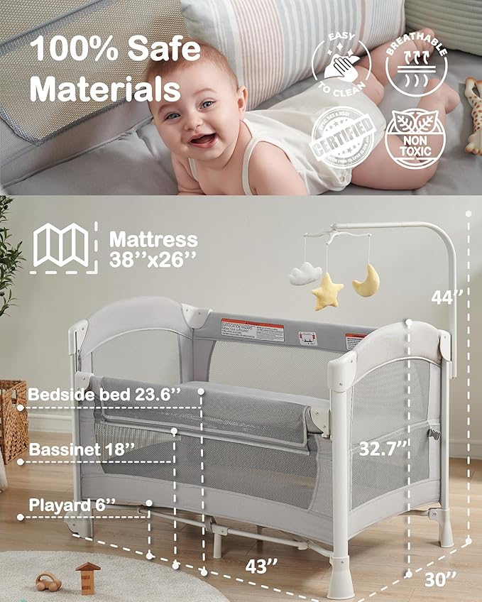 4 in 1 Baby Bassinet Bedside Sleeper, Baby Bedside Crib 5 Functions, Bedside Sleeper, Bassinet Crib, Changing Station for Newborn Baby