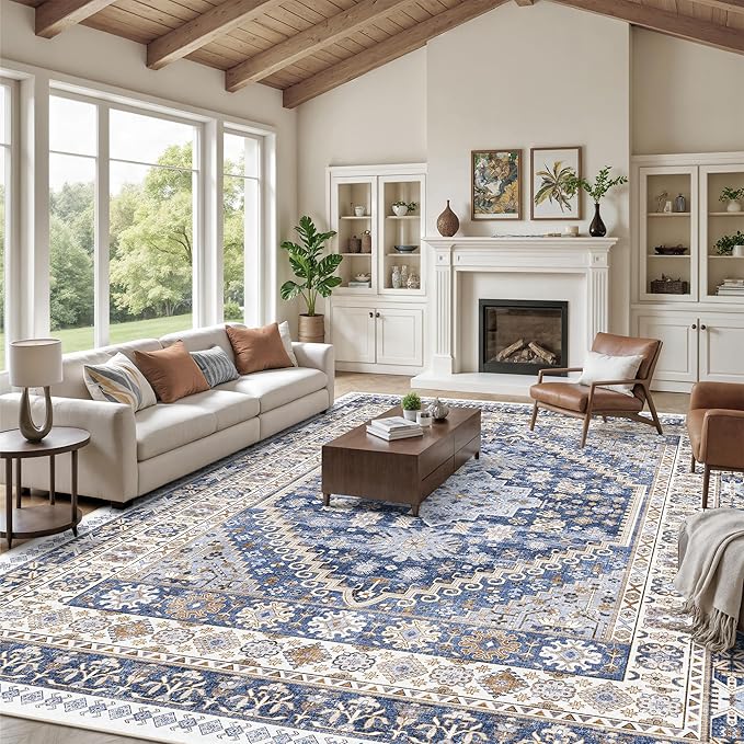 zesthome 12x15 Area Rugs, Large Washable Rug, Ultra-Thin Stain Resistant Rugs for Living Room, Bedroom, Non-Slip Backing Home Decor Area Rug (Blue/Beige,12'x15')