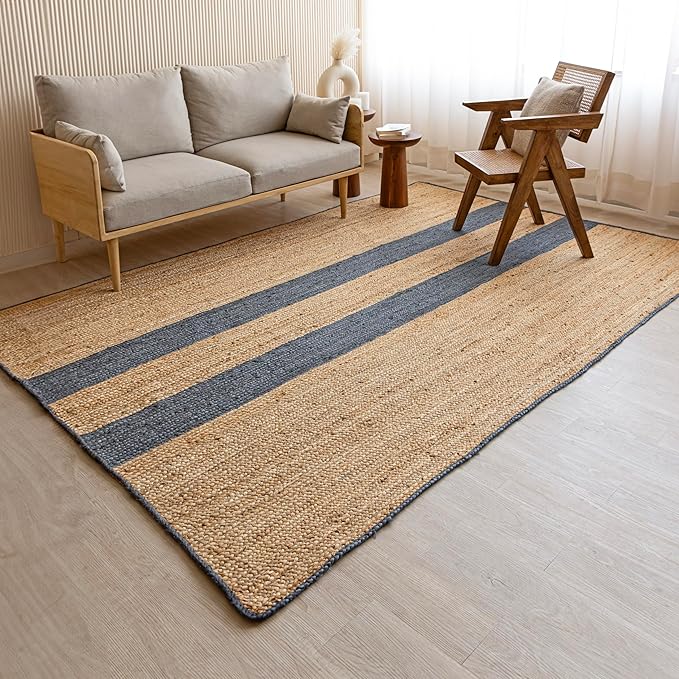 HOMEMONDE Natural Stripe Braided 8'x10' Jute Area Rug - Eco Friendly Premium Fiber - Durable and Reversible Handwoven Farmhouse Rug for Living Room, Hallway, Bedroom, Dinning Room, Kitchen, Office