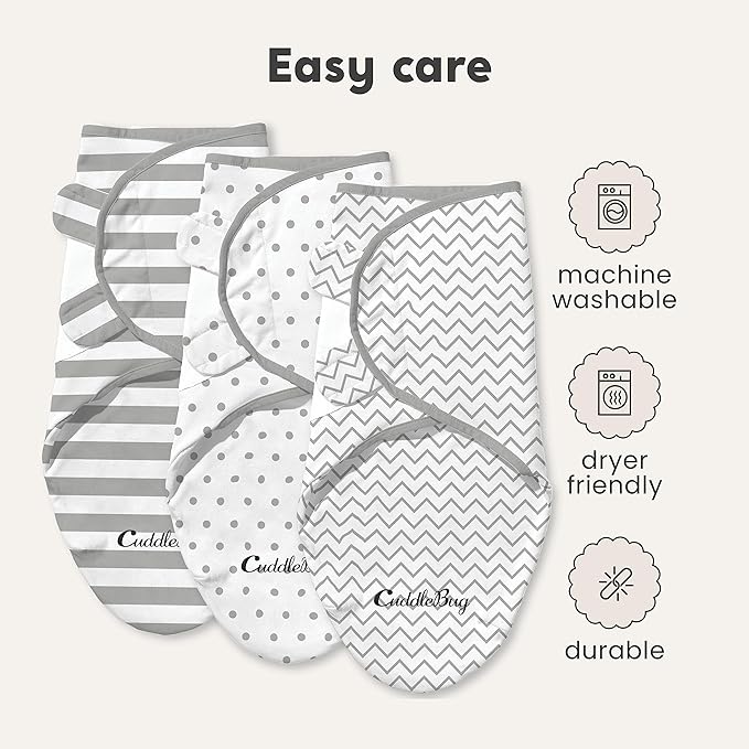 CuddleBug Adjustable Baby Swaddle Blanket & Wrap (Spots & Stripes), Pack of 3 (Small/Medium 0-3 Months Old)