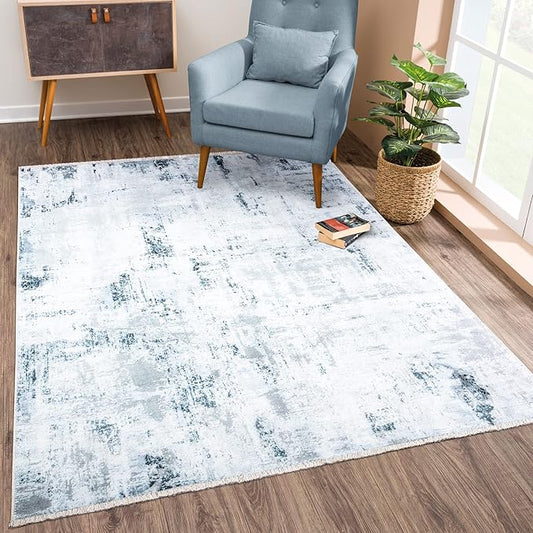 Bloom Rugs Caria Washable Non-Slip 8x10 Rug - Ivory/Silver/Blue Modern Abstract Area Rug for Living Room, Bedroom, Dining Room, and Kitchen - Exact Size: 7'8" x 10'