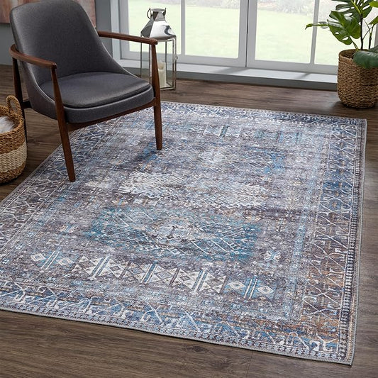 Bloom Rugs Washable 9' x 12' Rug - Slate Gray/Blue Traditional Area Rug for Living Room, Bedroom, Dining Room, and Kitchen - Exact Size: 9' x 12'