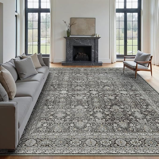 Vintage Area Rug 9x12 Black Washable Living Room Large Carpet Non Slip Bedroom Indoor Office Low Pile Traditional Distressed Retro Accent Rug for Dining Room