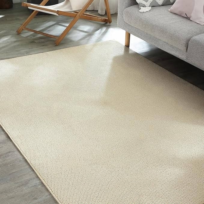 Carvapet 5x7 Solid Rugs for Living Room Bedroom, Washable Off-White Low Pile Jute Carpet with Rubber Backing, Foldable, Non Slip Thin Area Rug