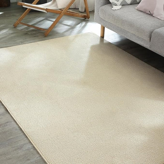 Carvapet 5x7 Solid Rugs for Living Room Bedroom, Washable Off-White Low Pile Jute Carpet with Rubber Backing, Foldable, Non Slip Thin Area Rug