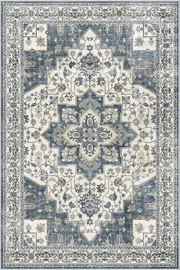 Dripex Vintage Washable Area Rug - 4x6 Distressed Rugs for Living Room Bedroom Oriental Medallion Floral Print Carpet Low-Pile Indoor Soft Non-Slip Accent Rug Farmhouse Office Home Decor