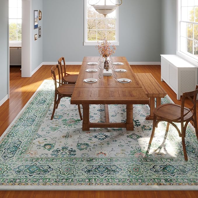Area Rugs 8x10 Rug for Living Room Clearance Washable Boho Area Rug Non Slip Soft Vintage Low Pile Large Rug for Living Room, Bedroom, Farmhouse, Dining Room, Kids Playroom(Green)