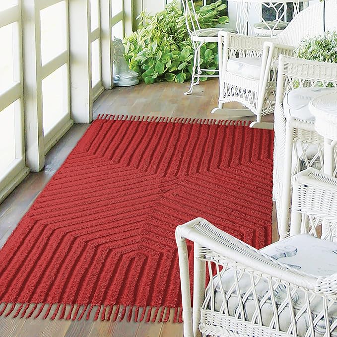 Boho Rugs for Living Room 4x6, Farmhouse Cotton Area Rug for Bedroom, Washable Tufted Indoor Floor Carpet for Kitchen Dorm Office Dining Room Office Home Decor, Rust Bricks