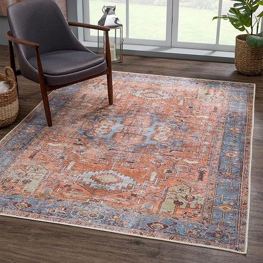 Bloom Rugs Washable 9' x 12' Rug - Terracotta/Blue Traditional Area Rug for Living Room, Bedroom, Dining Room, and Kitchen - Exact Size: 9' x 12'