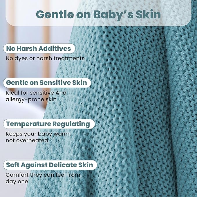 100% Organic Cotton Baby Knitted Blanket with Gift Box - Soft Toddler, Crib, Stroller Blanket - Neutral Swaddle and Receiving Blanket for Newborns, 30"x40", Smoke Blue