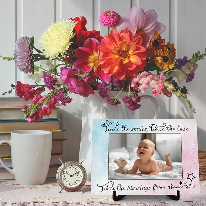 Twins Baby Pictures Frame, Watercolor Baby Photo Frame with Stand, Twins Gifts for Babies, New Baby Gifts For New Mom Dad, Home Living Room Bedroom Decoration -a74, Rustic