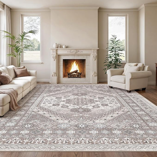 zesthome 10x14 Area Rugs,Stain Resistant Washable Rug,Ultra-Thin Rugs for Living Room,Bedroom,Non-Slip Backing Home Decor Large Area Rug (Brown/Beige,10'x14')