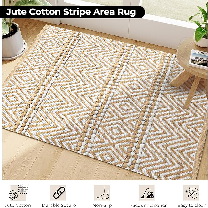 Jute Cotton Stripe Area Rug for Living Room 24x36 Inch - Natural Ivory - Machine Washable 2x3 Feet Rugs - 70% Jute and 30% Cotton