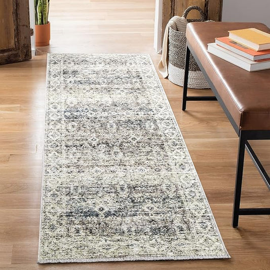 Bloom Rugs Caria Washable Non-Slip 12 ft Runner - Beige Brown/Teal Traditional Runner for Entryway, Hallway, Bathroom, and Kitchen - Exact Size: 2'6" x 12'