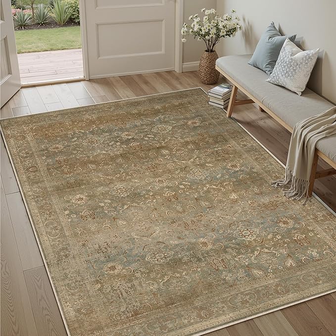 Vintage Area Rug 5x7 Washable Brown Living Room Carpet Large Indoor Non Slip Bedroom Low Pile Kitchen Distressed Retro Accent Throw Rug for Dining Room