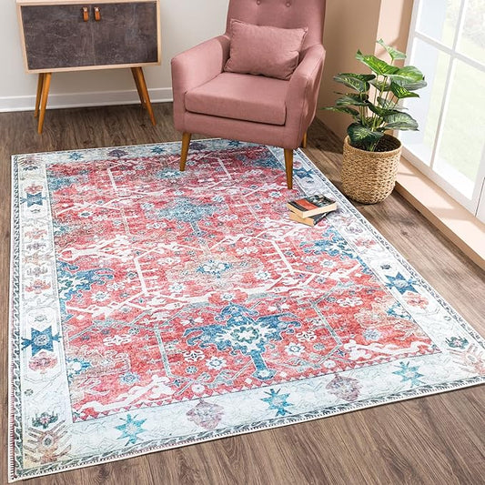 Bloom Rugs Washable Non-Slip 8' x 10' Rug - Red/Blue Traditional Area Rug for Living Room, Bedroom, Dining Room, and Kitchen - Exact Size: 8' x 10'