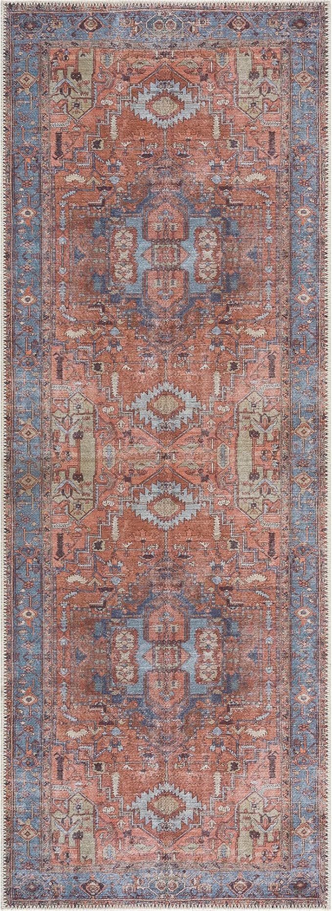 Bloom Rugs Washable 12 ft Runner - Terracotta/Blue Traditional Runner for Entryway, Hallway, Bathroom, and Kitchen - Exact Size: 2.5' x 12'