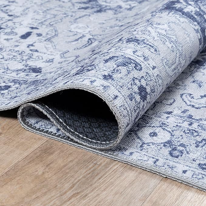 Bloom Rugs Washable Non-Slip 10 ft Runner - Gray/Blue Traditional Medallion Runner for Entryway, Hallway, Bathroom, and Kitchen - Exact Size: 2.5' x 10'