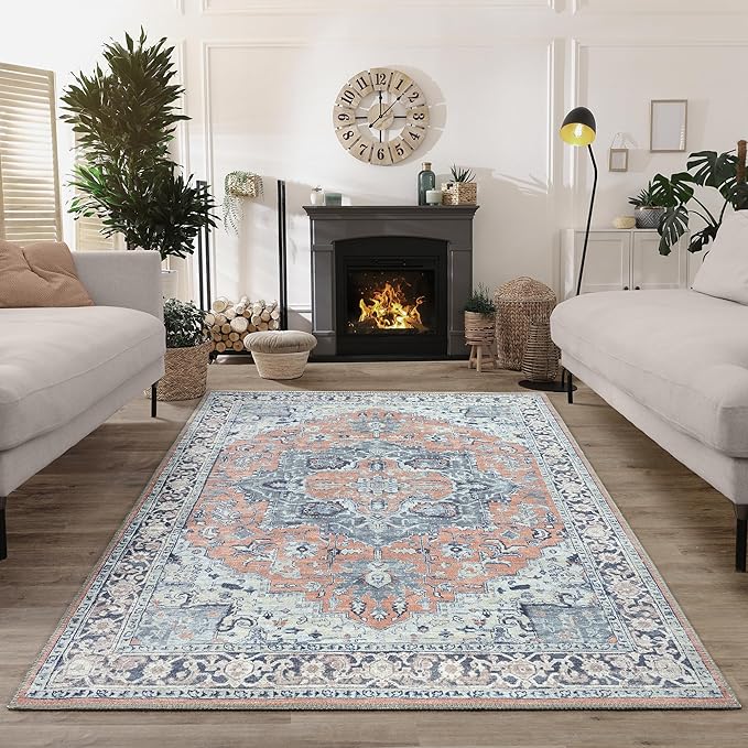 Bloom Rugs Washable Non-Slip 8' x 10' Rug - Coral/Blue Traditional Medallion Area Rug for Living Room, Bedroom, Dining Room, and Kitchen - Exact Size: 8' x 10'