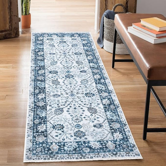 Bloom Rugs Caria Washable Non-Slip 10 ft Runner - Navy Blue Traditional Bordered Runner for Entryway, Hallway, Bathroom, and Kitchen - Exact Size: 2'6" x 10'