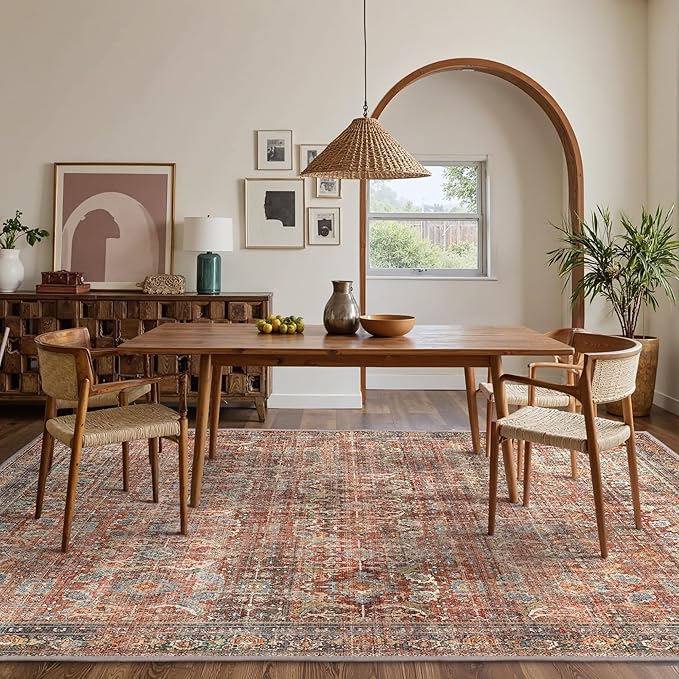 GENIMO 10x14 Area Rugs for Living Room, Machine Washable Non Slip Vintage Rugs, Low Pile Lightweight Chenille Print Rug for Bedroom, Dining Room, Home Office, Terracotta Indigo